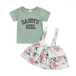 Clothing Sets Summer Infant Baby Girls Skirt Set Short Sleeve Embroidery Letters T-shirt Flower Print Layered Suspender Outfit