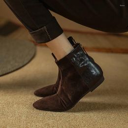 Casual Shoes Leather Flat Bottom Back Zipper Pointed Sheepskin Wedge Booties