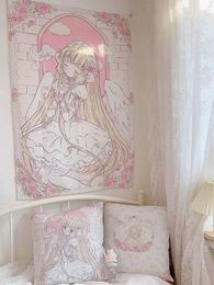 Kawaii Anime Girl Tape Wall Hanging Pink Cute Cartoon Style psychedelic hippie Background Home Decoration 240528