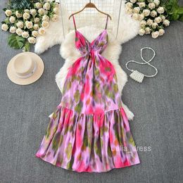 Travel photo vacation long dress goddess style sexy backless elastic waistband slim and long style ruffled edge skirt halo dyed dress