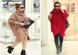 Plus Size Women Clothing Turtleneck Batwing Sleeve Cardigan Poncho Cape Sweater Coat Long Wool Sweaters Dress Outerwear3399552