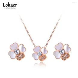 Necklace Earrings Set Stainless Steel Love Heart Flower Pendant Necklaces CZ Crystal Shell Choker Wedding Jewelry For Women SE057