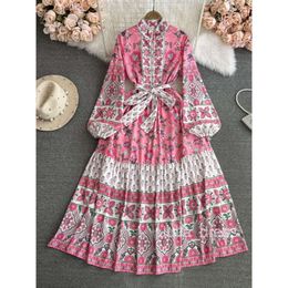 Spring and Autumn Palace Style Lantern Long sleeved Standing Neck Waist Wrapped Slim A-line Printed Large Swing Dress Elegant Long Dress