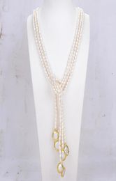 GuaiGuai Jewelry 3 Strands Natural Cultured White Rice Pearl Pearl Lariat Long Sweater Chain Necklace Handmade For Women Real Gems9888400
