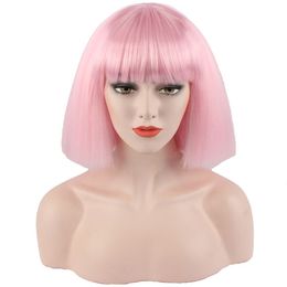 PINK Short Straight hair Fashion lady Sexy Natural Fluffy Role playing wig Synthetic short hair Bob short hair White women wig Ideal fo Xlbt