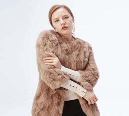 Ethel Anderson 100 Real Rabbit Fur Coat Women039s ONeck Long Rabbit Fur Jacket 34 Sleeves Vintage Style Leather Fur Outwear 3798420