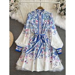 French Palace Style Lantern Sleeves Stand up Neck Waist Slim Mid length A-line Positioning Printed Dress