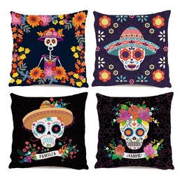Mexican Day of The Dead 4PCS Skull Roses Throw Cushion Case Covers Pillowcases 45*45cm Home Decor