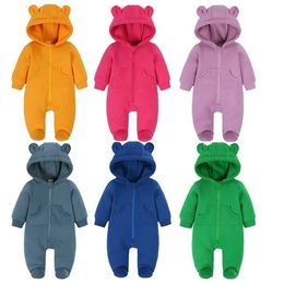 Rompers 0-24M Newborn Baby Winter Romper Hooded Solid Cotton Warm Thick Kids Jumpsuit Infant Bear Cute Outfit For Boy Girl Bodysuit Y240530L78I