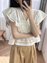 Women's Blouses Women 2024 Summer Sweet And Fashionable Hollow V-neck Lotus Leaf Flying Sleeve Loose Top