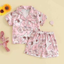 Pyjamas Summer Children Girls Boys Pyjamas Set Rabbit Print Easter Kids Sleepwear Silk Satin Short Sleeve Shirts Shorts Baby Loungewear Y240530