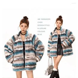 Women's Jackets Women Fashion Thick Coat Casual Stripe Lamb Wool Stand Collar Jacket Autumn Winter Lazy Style Knitted Cardigan American