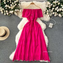 Bohemian vacation dress womens heavy work hollowed out embroidery sexy one line collar off the shoulder slim fit wave edge long dress