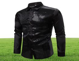 Men039s Casual Shirts Mens Black Long Sleeve Button Down Dress 2021 Shiny Sequin Silk Satin Shirt Men Business Party Male Chemi8437611