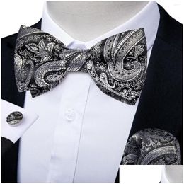 Bow Ties Brand Grey Bowties For Man Business Party Shirt Accesoories Fashion Paisley Pre-Tied Tie Pocket Square Cufflinks Drop Deliver Otpo4