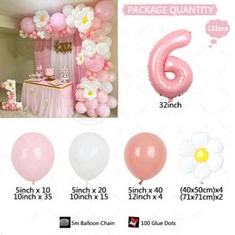 133PCS Baby Pink Peach Latex Balloons Kit Small White Daisy Flower Theme Arch Garland Girl's Birthday Party Decors Supplies