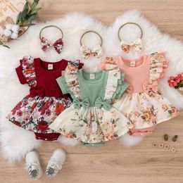 Summer Girl With Bowknot Striped Jumpsuit Cotton Dress For Newborn Floral Baby Crawling Clothes L2405 L2405