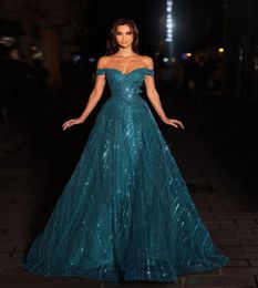 Sparkly Blue Aline Prom Dresses Sleeveless V Neck Off Shoulder Appliques Shiny Sequins Beaded Floor Length Celebrity Formal Eveni9965286