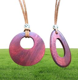 Double wood Circle pendants necklaces vintage long sweater chain simple wild leather cord men women Handmade carving jewelry 15pcs3126439
