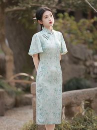 Ethnic Clothing FZSLCYIYI Traditional Printed Satin Flying Sleeve Cheongsam Women' Elegant Chinese Mandarin Collar Qipao Dress