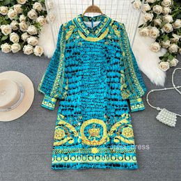 High end fashion lantern long sleeved lapel loose and slimming Baroque print A-line dress for women in spring and autumn seasons