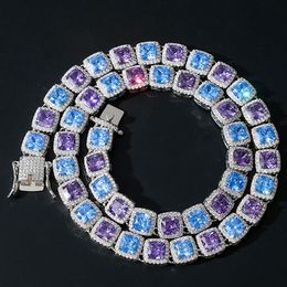 14K White Gold Plated 10mm Square Cut Blue &Purple Ruby Diamond Tennis Chain Necklace CZ Gemstone Diamond Hip Hop Jewellery 289u