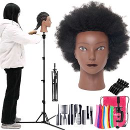 Mannequin Heads 8inch 20cm Afro Mannequin Head100% Human Hair Afran Style Hairdressing Dolls Training Practise Head Adjustable 120cm Tripod Q240530