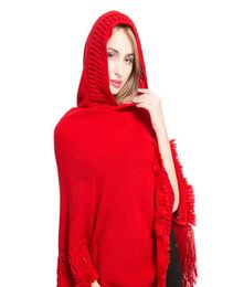 Winter poncho for women solid color knit cashmere hooded cloak fashion tassel shawl female cape ponchos and capes keep warm8935546