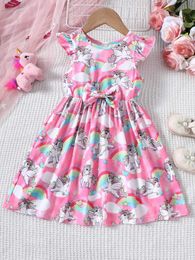 Girl's Dresses Summer New Cartoon Rainbow Pattern Printed Bowtie Small Flying Sleeve Dress for Primary and Secondary School Girls Y240529