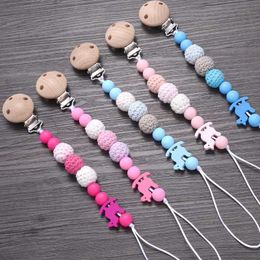 5PCS Pacify Toys Handmade Woolen Beads Pacifier Chain Wooden Baby Pacifier Clip Cartoon Silicone Beads Nipple Soother Chain Teething Care Toys