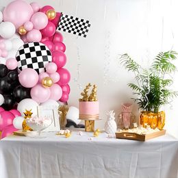 Pink racing balloon set, peach red black and white checkered balloons suitable for girls' birthday shower party decoration