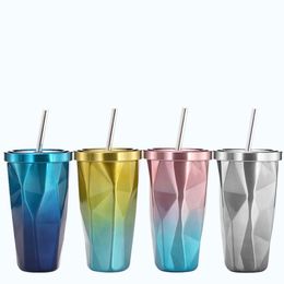 17oz Tumblers Diamond Gradient Straw Cup Portable Double Wall Stainless Steel Tumbler Travel Coffee Mug Tea Mugs With Lid Multiple Colours