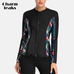 Charmleaks womens long sleeved zipper Rashguard swimsuit floral print swimsuit surfing top Rash Guard running shirt UPF50 240531