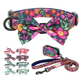 Dog Collars Leashes 3pcs/lot Printed Collar Leash Garbage Bag Set Nylon Puppy With Bowknot Outdoor Pet Waste Poop Lead Rope For Dogs H240531