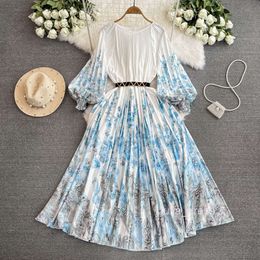 2024 Spring/Summer Celebrity Charm Long sleeved Round Neck Waist Wrapped A-line Printed Hundred pleats Dress Elegant Large Swing Long Dress