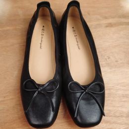 Casual Shoes Ballerina Flats For Women Genuine Leather Black Square Toe Soft Sole French Elegance Pumps Handmade Cozy Bow Decoration