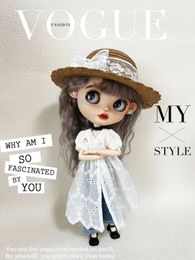 ICY DBS Blyth 30CM 1/6 Doll Clothes OB24 Azone Fashionable Lace Embroidery Puff Sleeves Smock Jeans Girl Doll Clothes 240531