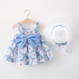 Summer Baby Dress Small Daisy Cotton Princess Dress Big Bow Sling Childrens Clothing Gift Hat 240531