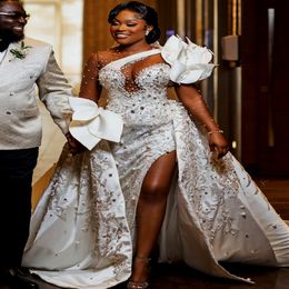2024 Arabic Aso Ebi Plus Size Ivory Luxurious Wedding Dress Beaded Crystals Lace Detachable Train Bridal Gowns Dresses ZJ344