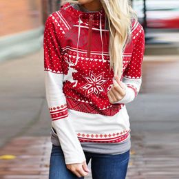 Women's Polos Christmas Women Sweatshirt Zipper Print Tops Hooded Color Pullover Velvet Thickening Coat