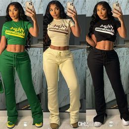 Womens Tracksuits Clothes Sporty Sweatsuit 2024 Summer New Letter Printed 2 Piece Set Women Short Sleeves Sexy Crop Top High Waist Long Pants Casual Jogging Suit