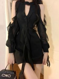 Black Dresses Women Sexy Hollow Out Female Casual Temperament Spring Off Shoulder Korean Style Solid sweet Empire Fashion 240531