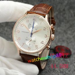 New Watch Rose Golden Case Chronograph Sports Battery Power Limited Watch Brown Dial Quartz Professional Wristwatch Folding clasp Men Watches Leather Strap