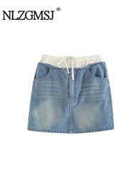 Nlzgmsj TRAF Women Fashion Slim Fit Side Pocket Casual Denim Mini Skirts Elastic Waist Lace Up Womens Mujer 240531