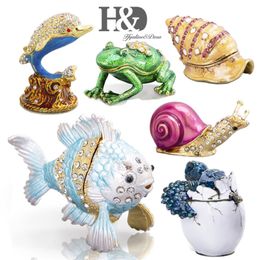 H&D Hand Painted Enamel Animal Figurine Crystal Jewelled Hinged Trinket Boxes Decorative Jewellery Box Collectible Christmas Gift 201128 254a