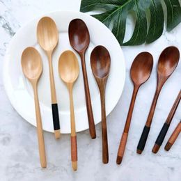 Spoons 1Pc Wooden Long Handle Spoon Round Natural Solid Wood Soup Scoops Dessert Porridge Tea Coffee Tableware Kitchen Supplies