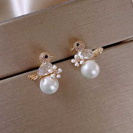 Charm New Cute Bird Stud Earrings for Women Rhinestone Horse Kitten Owl Pearl Earring Girls Party Engagement Temperament JewelryL4531