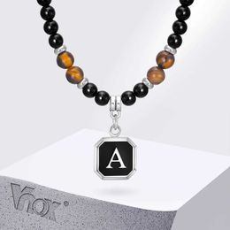 Pendant Necklaces Vnox A-Z Initial Necklaces with Tiger Eya Oynx Stones Beads Chain Men Women Cool Geometric Square Neckalces Name Letter Gift Y240530XXO2