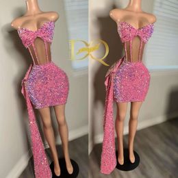 Pembe Pullar Kadınlar İçin Kısa Mini Kokteyl Elbise Sevgilim Bonging Sparkly Party Eevevening Balo Elbise Vestidos De Gala 0531