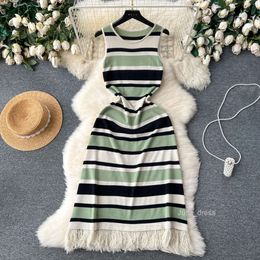 Korean version of womens clothing design Colour blocking striped sleeveless vest skirt womens design tassel medium length knitted dress